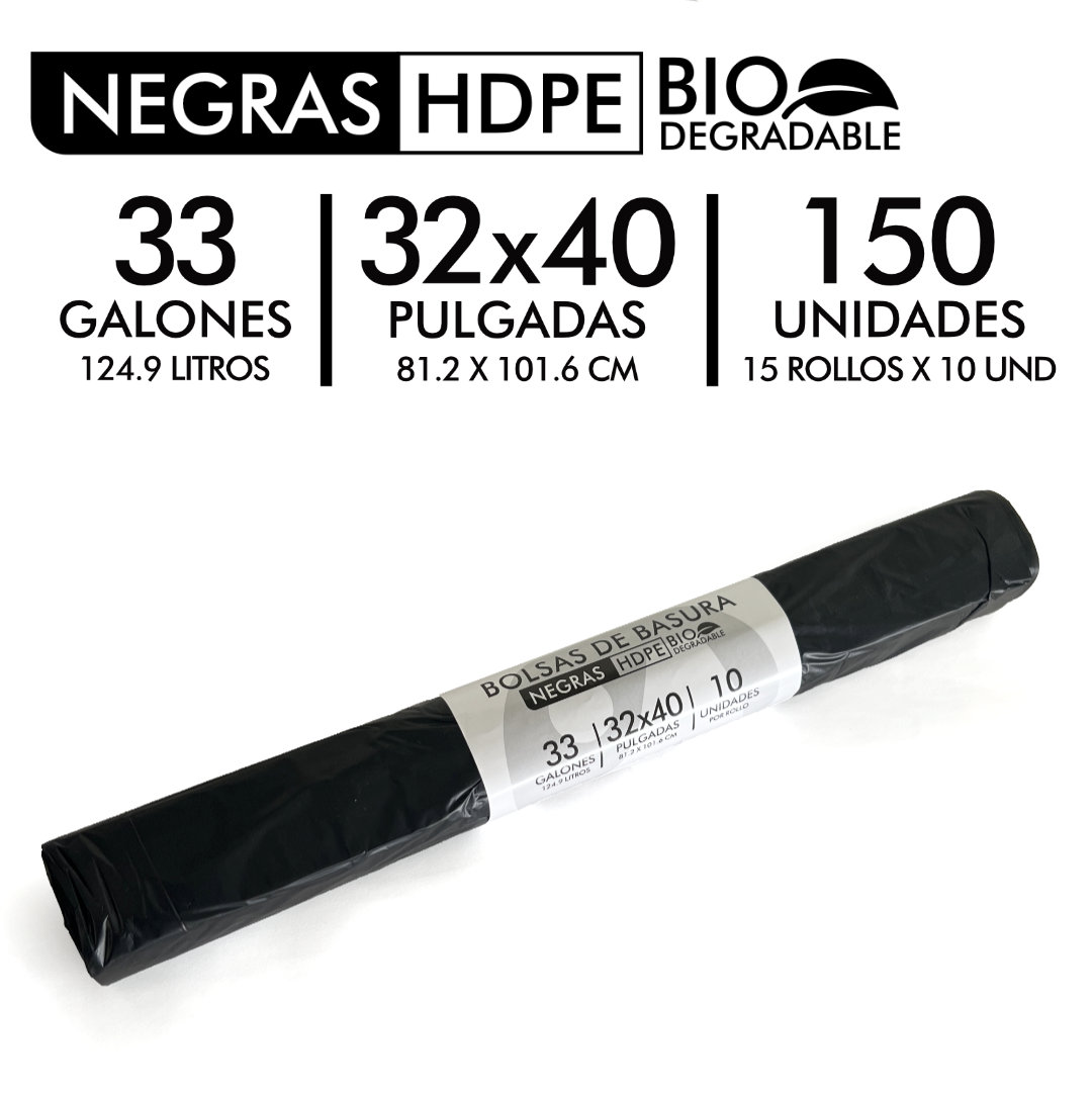Bolsas de Basura Negras 32x40 Biodegradables - ROLLO 10 BOLSAS