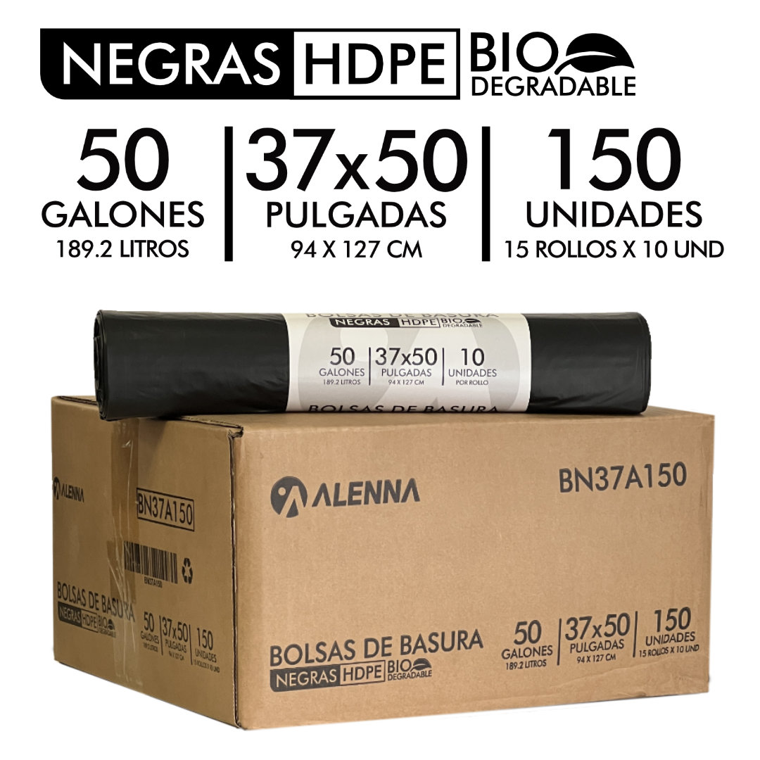 Bolsas de Basura Negras 37x50 Biodegradables - CAJA 150 BOLSAS